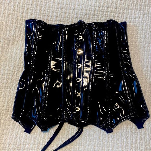 darque Other - Black pleather under boob corset lace up boned Halloween